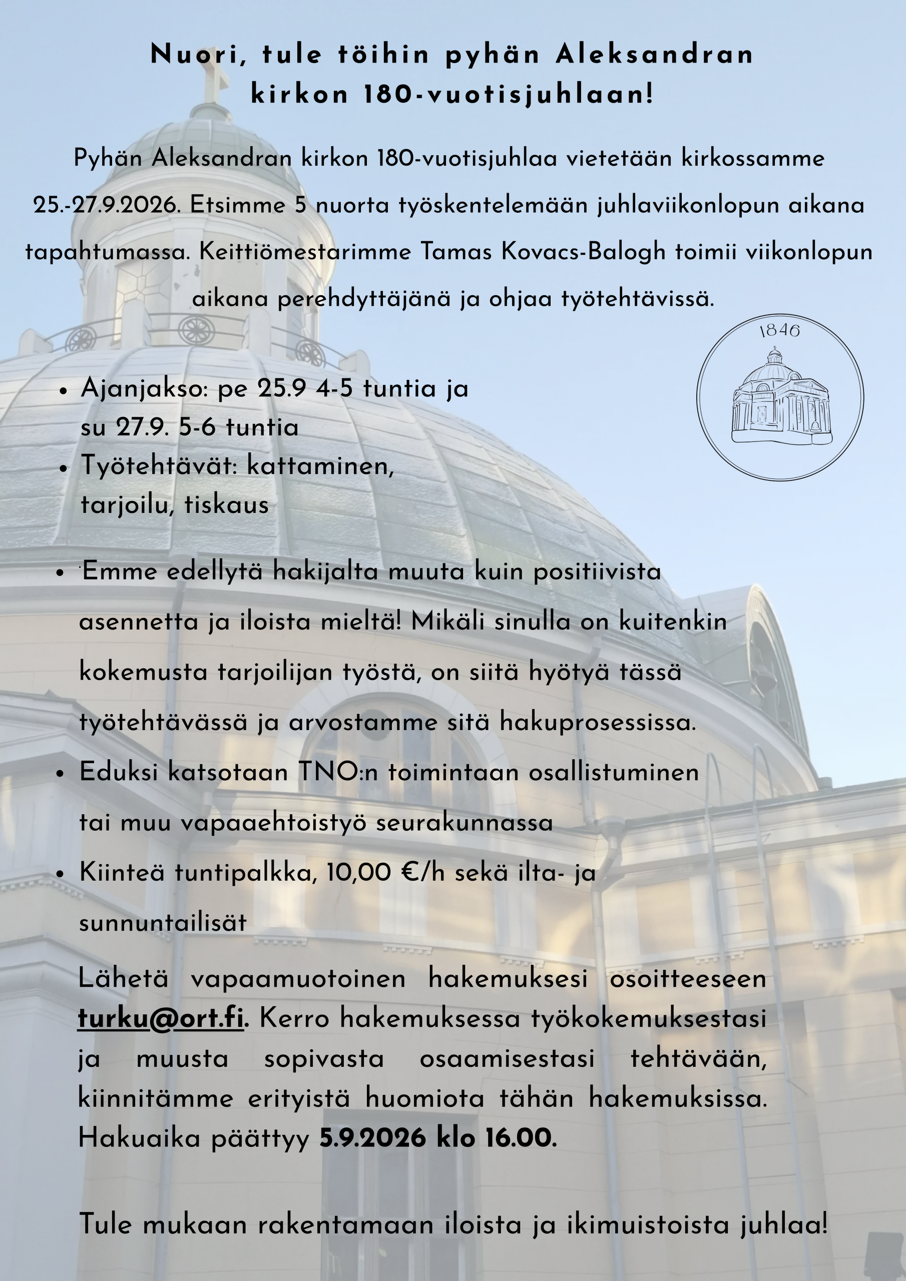 Nuori, tule töihin pyhän Aleksandran kirkon 180 vuotisjuhlaan! (1)