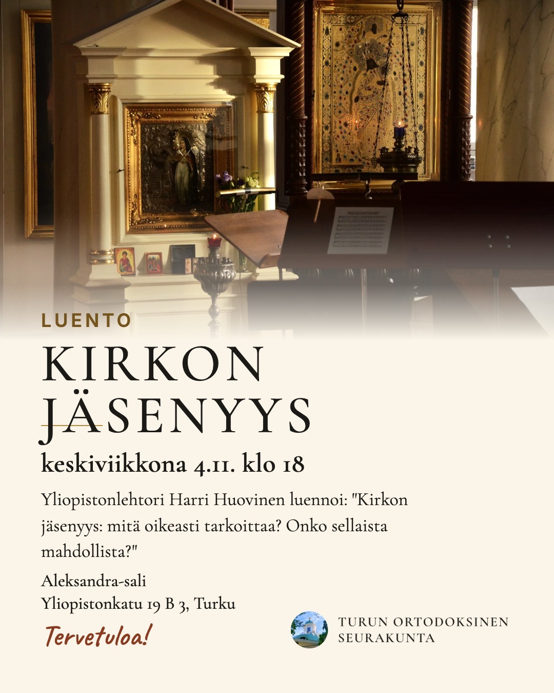 Juliste: Yliopistonlehtori Harri Huovinen luennoi: "Kirkon